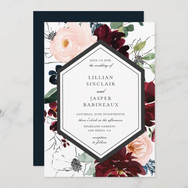 Invitation Burgundy Blush Navy Floral Frame Mariage (Devant / Derrière)