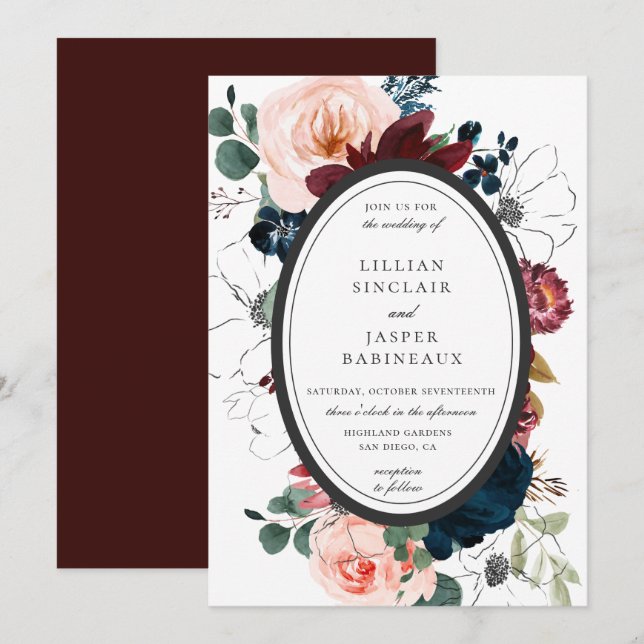 Invitation Burgundy Blush Navy Floral Oval Frame Mariage (Devant / Derrière)
