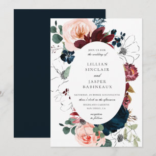 Invitation Burgundy Blush Navy Floral Oval Frame Mariage