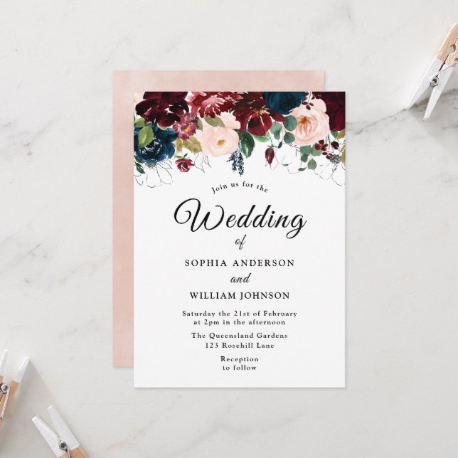Invitation Burgundy Blush Navy Floral Watercolor Mariage (Devant/Arrière en situation)