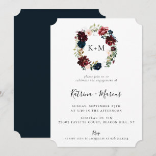 Invitation Burgundy Blush Navy Floral Wreath Fiançailles