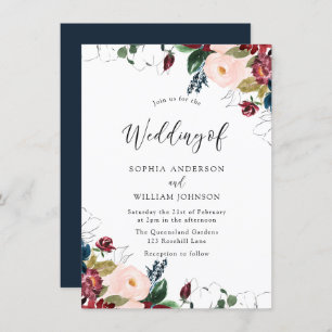 Invitation Burgundy Blush Navy Indigo Florals Mariage