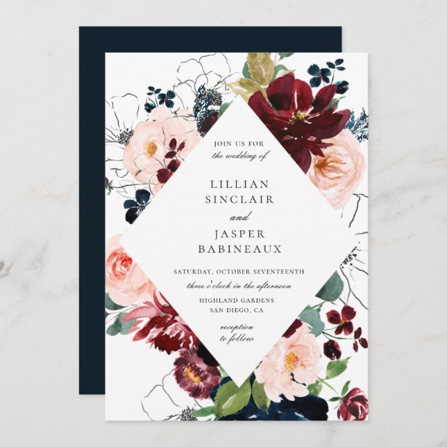 Invitation Burgundy Blush Navy Peint Floral Mariage (Devant / Derrière)