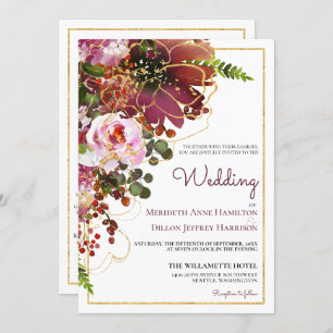 Invitation Burgundy Blush Or Floral Tout en un Mariage