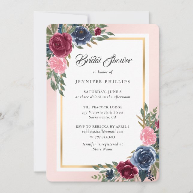 Invitation Burgundy Blush Pink Navy Blue Floral Fête des mari (Devant)