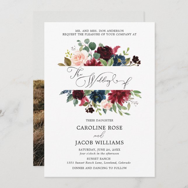 Invitation Burgundy Blush Pink Navy Blue Floral Photo Mariage (Devant / Derrière)