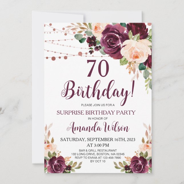 Invitation Burgundy Blush Pink Script Surprise fête d'anniver (Devant)