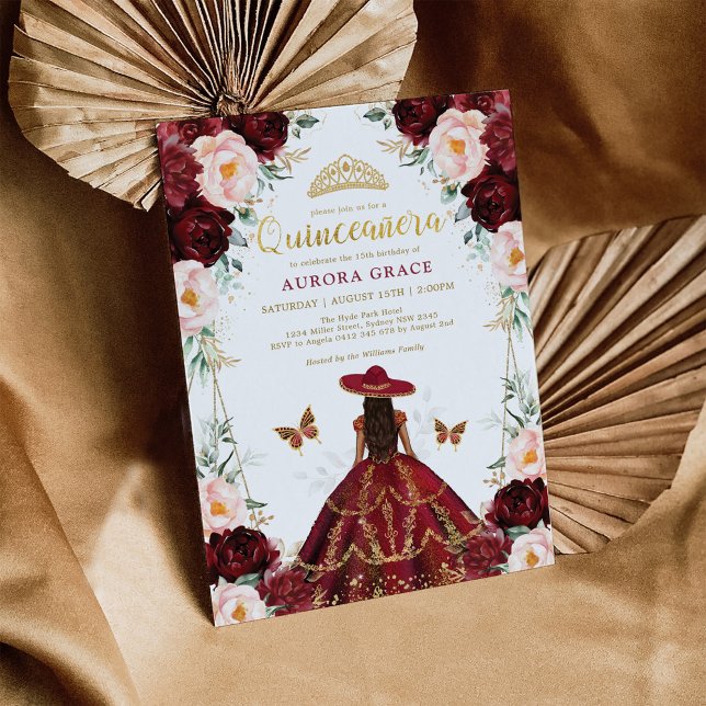 Invitation Burgundy Blush Quinceañera Charro robe Mis Quince (Créateur téléchargé)