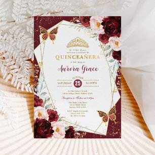 Invitation Burgundy Blush Quinceañera Papillons Mis Quince