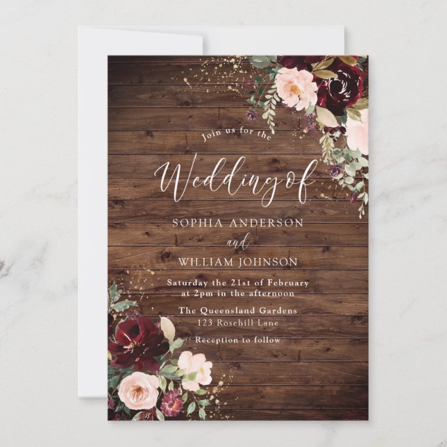Invitation Burgundy Blush Red Vin Floral Mariage de automne (Devant)