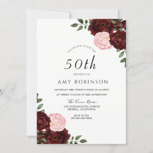Invitation Burgundy Blush Rose 50e fête d'anniversaire
