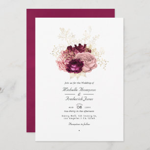 Invitation Burgundy Blush rose et or QR Code RSVP Mariage