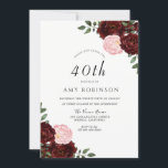 Invitation Burgundy Blush Rose fête du 40e anniversaire<br><div class="desc">Burgundy Blush Roses 40th Birthday Party Invitation Voir la collection correspondante en magasin</div>