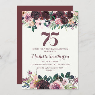 Invitation Burgundy Blush rose Feuilles floraux 75e anniversa