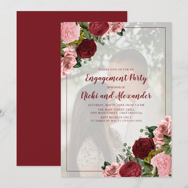 Invitation Burgundy Blush Rose Floral Engagement Party Photo (Devant / Derrière)