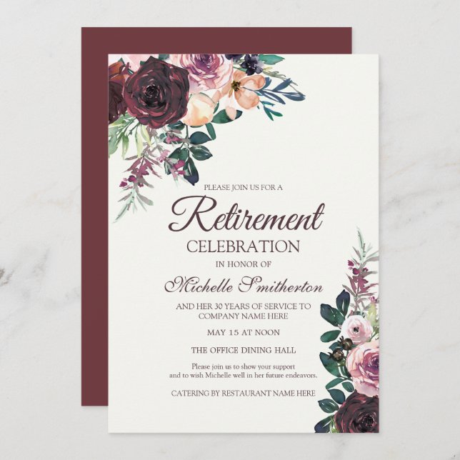 Invitation Burgundy Blush rose Floral Feuille retraite (Devant / Derrière)