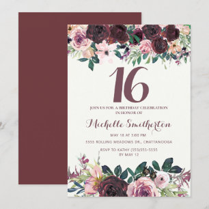 Invitation Burgundy Blush Rose Floral Feuilles 16e Anniversai