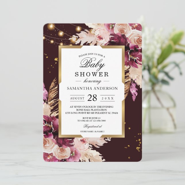 Invitation Burgundy Blush rose Floral & Gold Frame & Lumières (Debout devant)