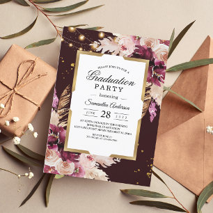 Invitation Burgundy Blush rose Floral & Gold Frame & Lumières