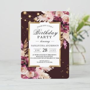 Invitation Burgundy Blush rose Floral & Gold Frame & Lumières
