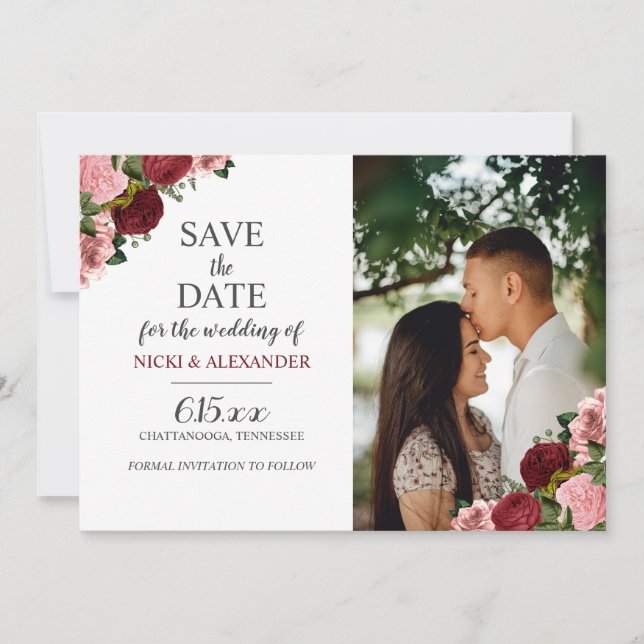 Invitation Burgundy Blush Rose Floral Mariage Date de sauvega (Devant)