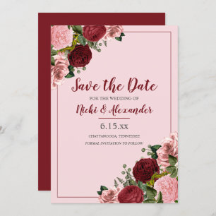 Invitation Burgundy Blush Rose Floral Mariage Date de sauvega