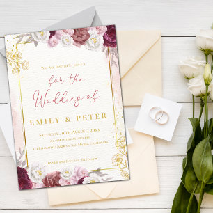 Invitation Burgundy Blush rose Floral Mariage frontière or