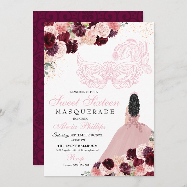 Invitation Burgundy Blush rose Floral Masquerade Sweet 16 Inv (Devant / Derrière)