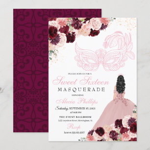 Invitation Burgundy Blush rose Floral Masquerade Sweet 16 Inv