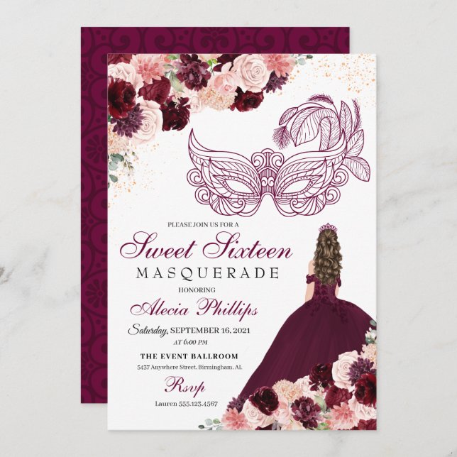 Invitation Burgundy Blush rose Floral Masquerade Sweet 16 Inv (Devant / Derrière)
