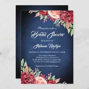 Invitation Burgundy Blush Rose Floral Navy Fête des mariées