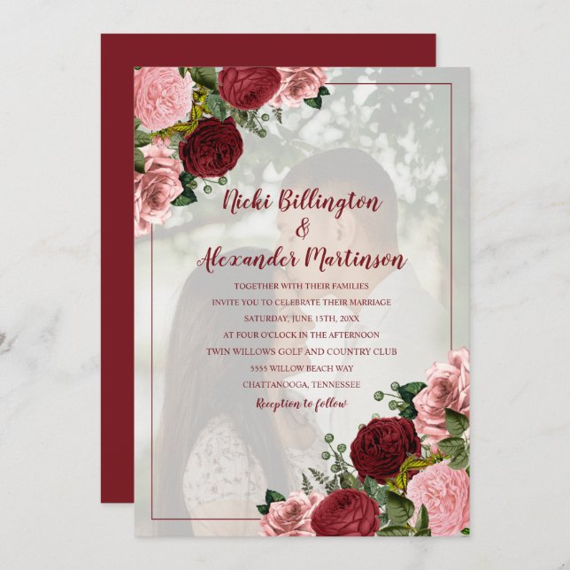 Invitation Burgundy Blush rose Mariage (Devant / Derrière)