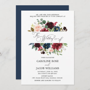 Invitation Burgundy Blush Rose Navy Blue Floral Mariage