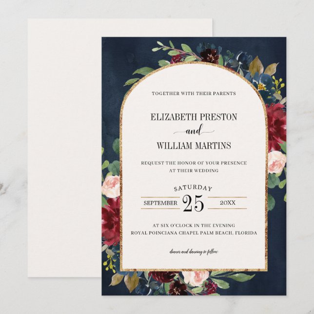 Invitation Burgundy Blush Rose Navy Floral Arch Frame Mariage (Devant / Derrière)