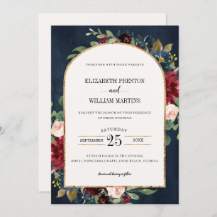 Invitation Burgundy Blush Rose Navy Floral Arch Frame Mariage
