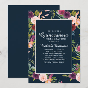 Invitation Burgundy Blush Rose Navy Floral Quinceañera
