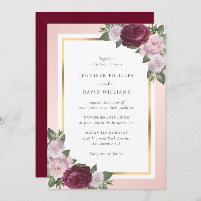 Invitation Burgundy Blush Rose or Mariage Floral (Devant / Derrière)