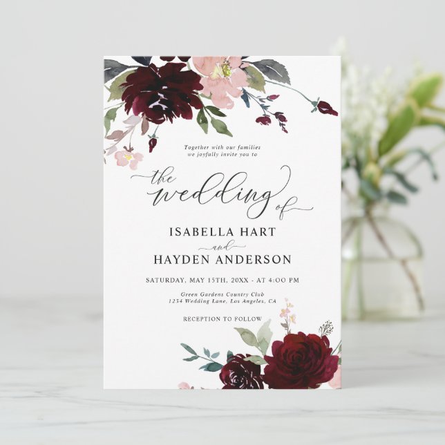 Invitation Burgundy Blush rose rouge Bordo Mariage floral (Debout devant)