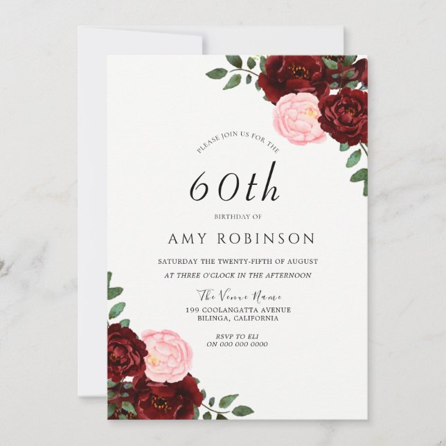 Invitation Burgundy Blush Roses 60e fête d'anniversaire (Devant)
