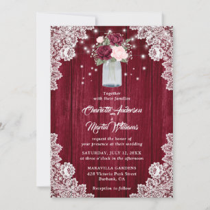Invitation Burgundy Blush Roses Mason Jar Rustic Mariage
