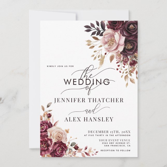 Invitation Burgundy Blush Script Floral QR Code Wedding (Devant)