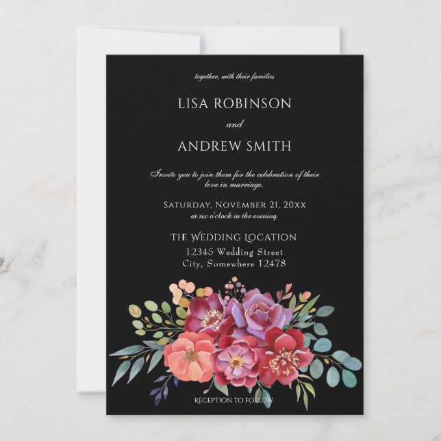Invitation Burgundy Blush Tropical Floral Mariage - Noir V2 (Devant)