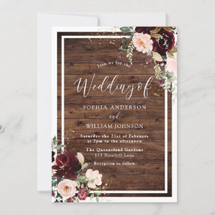 Invitation Burgundy Blush Vin rouge Floral Rustique Mariage b