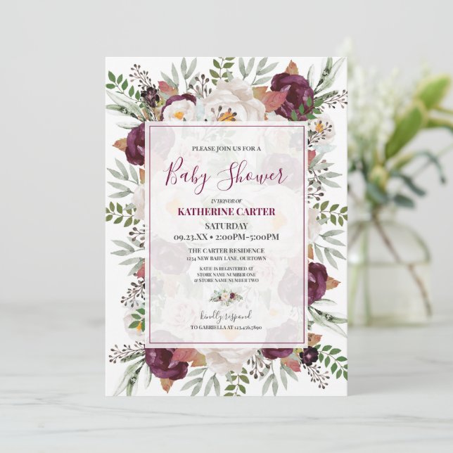 Invitation Burgundy Blush Watercolor Baby shower (Debout devant)