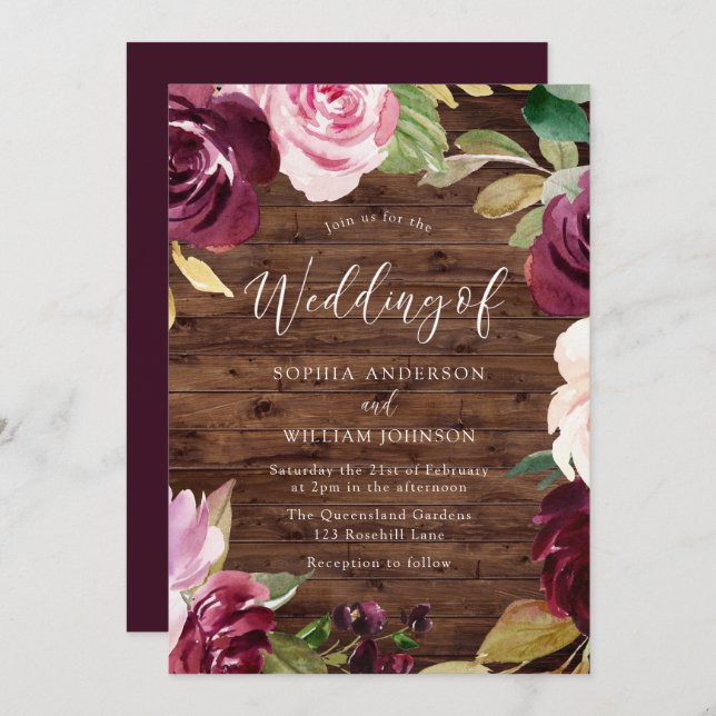 Invitation Burgundy Blush Watercolor Fleurs Mariage rustique (Devant / Derrière)