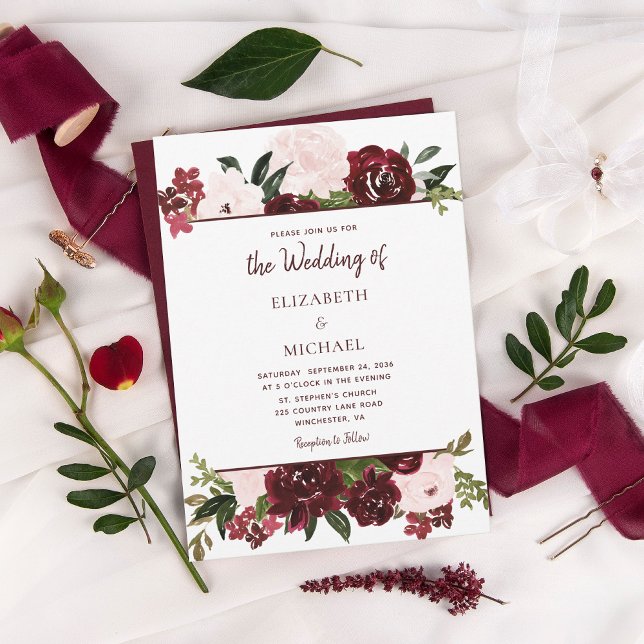 Invitation Burgundy Blush Watercolor Floral Fall Wedding (Créateur téléchargé)