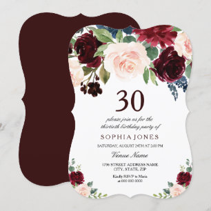 Invitation Burgundy Boho Aquarelle Blush 30e fête d'anniversa