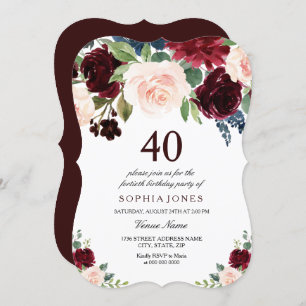 Invitation Burgundy Boho Aquarelle Blush 40e fête d'anniversa