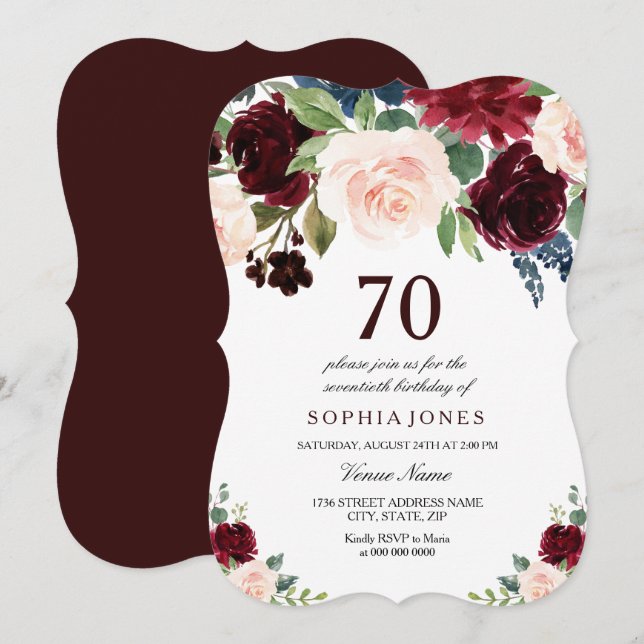 Invitation Burgundy Boho Aquarelle Blush 70e fête d'anniversa (Devant / Derrière)