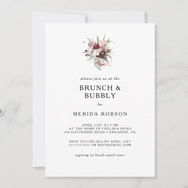 Invitation Burgundy Boho Floral Brunch et Bubbly Douche Invi (Devant)